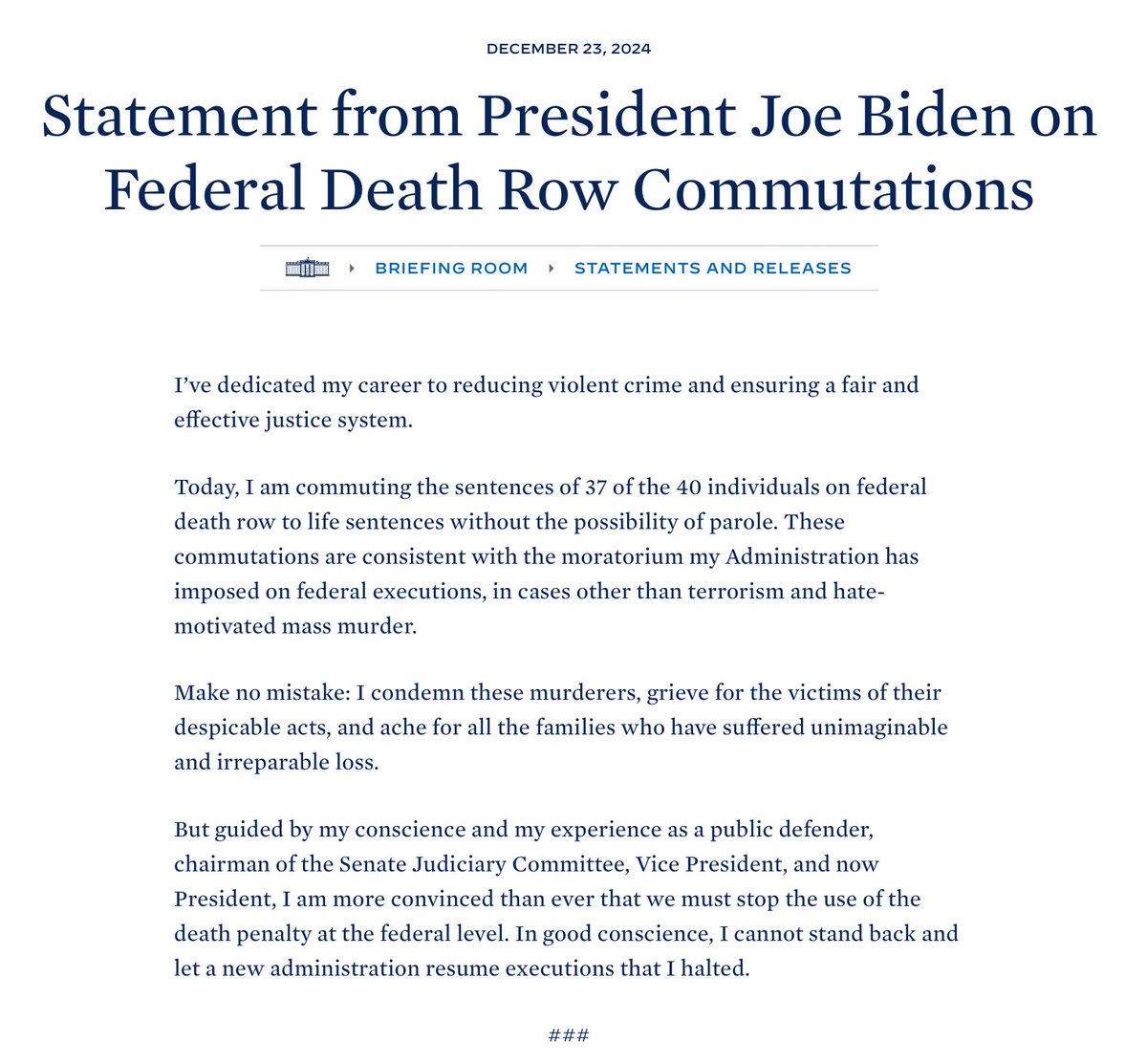 ByronYork's tweet image. Biden's statement on commuting the sentences of 37 of the 40 prisoners on federal death row. His reason: He cannot 'in good conscience' stand back and let Donald Trump enforce the law. whitehouse.gov/briefing-room/…
