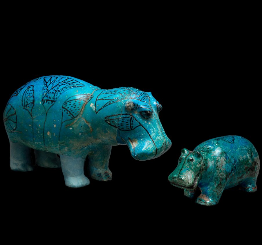 egyptomuseum's tweet photo. To the Egyptians, Hippopotami were associated with the protective goddess Tawaret who was associated with childbirth, pregnancy, and motherhood. 

The Egyptians saw hippos as a fearsome creature who protected their young from predators, with the ferociousness of the hippo encapsulating protective love. Therefore, the nature of the hippo became a symbol of guardianship during pregnancies, childhood and motherhood in general, as well as inspiring folklore in the region.

The legendary tale Manetho documented of Egyptian king Menes being killed by a hippo during a hunting spree seemed to be a popular story told during Manethos' lifetime. For now, it is believed to be just a myth, but it showcases how the hippo, among other predatory animals the Egyptians knew of, inspired the imagination. Despite the hippos known dangerousness, their violence was recognized by the Egyptians as a protective act, giving the mother goddess, protector of children, Tawaret, a hippos' likeness.

What's more is, the funerary figures of hippos, would be placed in many tombs, such as the famous faïence hippo at the Met Museum. And as Egyptians truly believed in the spirit realm, these figures would often have their legs broken off before being placed in the tomb, in fear of the hippo's spiritual reanimation leaning into it's ferocious predator role in the Afterlife and harming the deceased.

In the picture below we see the faïence hippo known today as "William", and if you look closely, you will notice the legs are a modern addition.

William the Hippo, c. 1961–1878 B.C.

Met Museum. 17.9.1