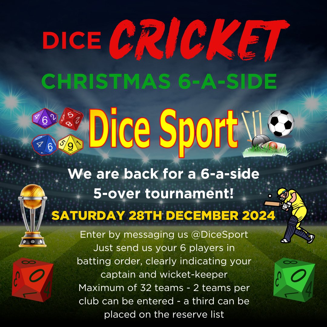 LAST DAY TO ENTER

Free Dice Cricket Competition

6 a side, 5 overs per team

Max of 2 teams per club, but clubs can also put a third on the reserve list

Just send us your team in batting order, showing captain and wicket-keeper!