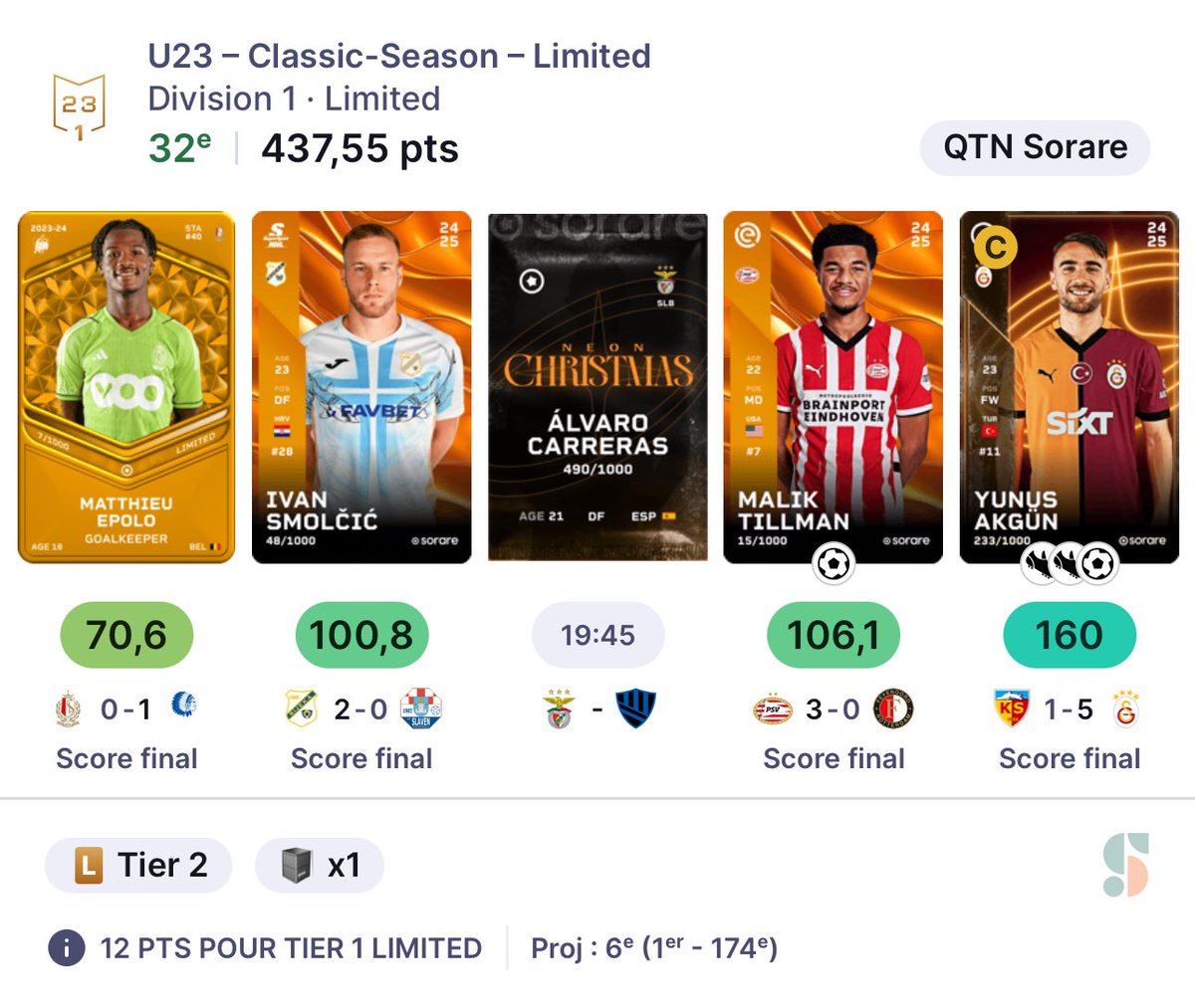 🎁  26ème Giveaway #Sorare du père noël QTN 🎅 

Si Carreras fait 70+ ce soir alors j’offre la carte de Porteous (L5 de 63 et joue cette mid-week en chall donc parfait !) 🦾 🎁 

🔃 RT ce tweet et mets un commentaire pour être éligible (bien me follow <a href="/QTNSorare/">QTN</a> ) 

 🚀 Direction