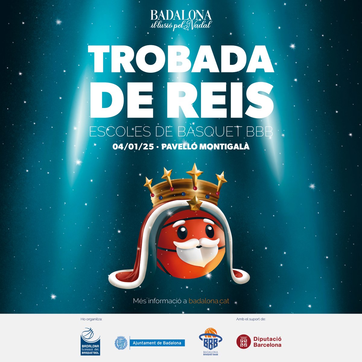 El dissabte 4 de gener de 2025 al Poliesportiu de Montigalà, tindrà lloc la trobada de reis de les escoles de bàsquet, organitzada per l'Ajuntament de Badalona i el Badalona Bàsquet Base (BBB). 🏀

Juntament amb els partits, podrem gaudir de diferents activitats lúdiques. 👑