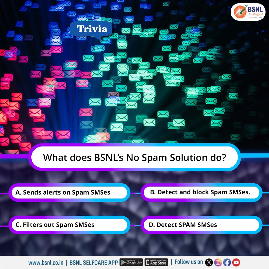 BSNLCorporate's tweet image. BSNL Quiz Time!

What does BSNL&apos;s No Spam Solution do?

Comment your answer below and stay tuned for the reveal!  

#BSNLIndia #NoSpamNetwork #TechQuiz  #ConnectingBharat