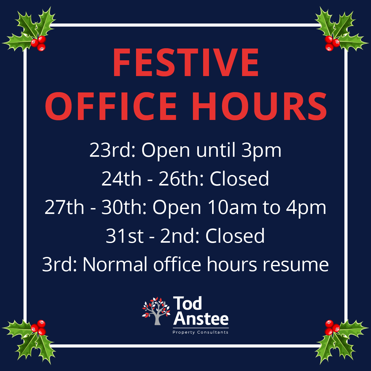 The big day is upon us, and we've amended our office hours for the rest of the festive season. ⭐️⁠

⁠We can be contacted for any emergencies or enquiries through the office number which is being monitored: 01243 523723 #propertymanagement #christmascountdown #todanstee