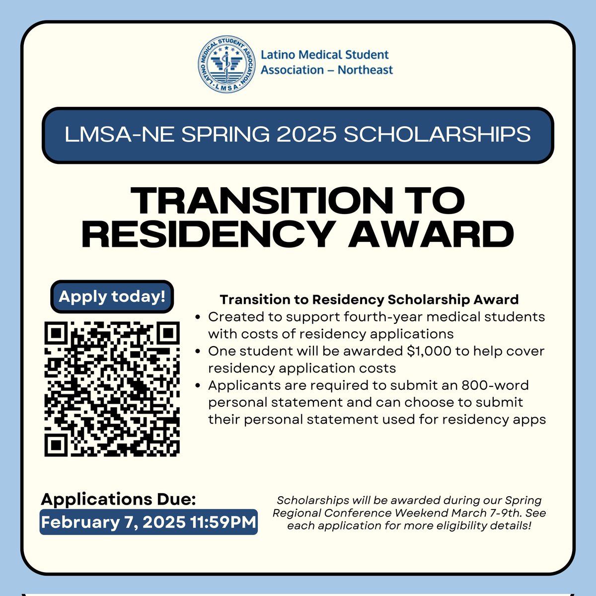 Hola LMSA-NE Familia! 🎉 

The Spring 2025 scholarships are here, and we’ve got some amazing opportunities just for you! From VSLO and residency prep to licensing exams and conference travel, there’s something for everyone.