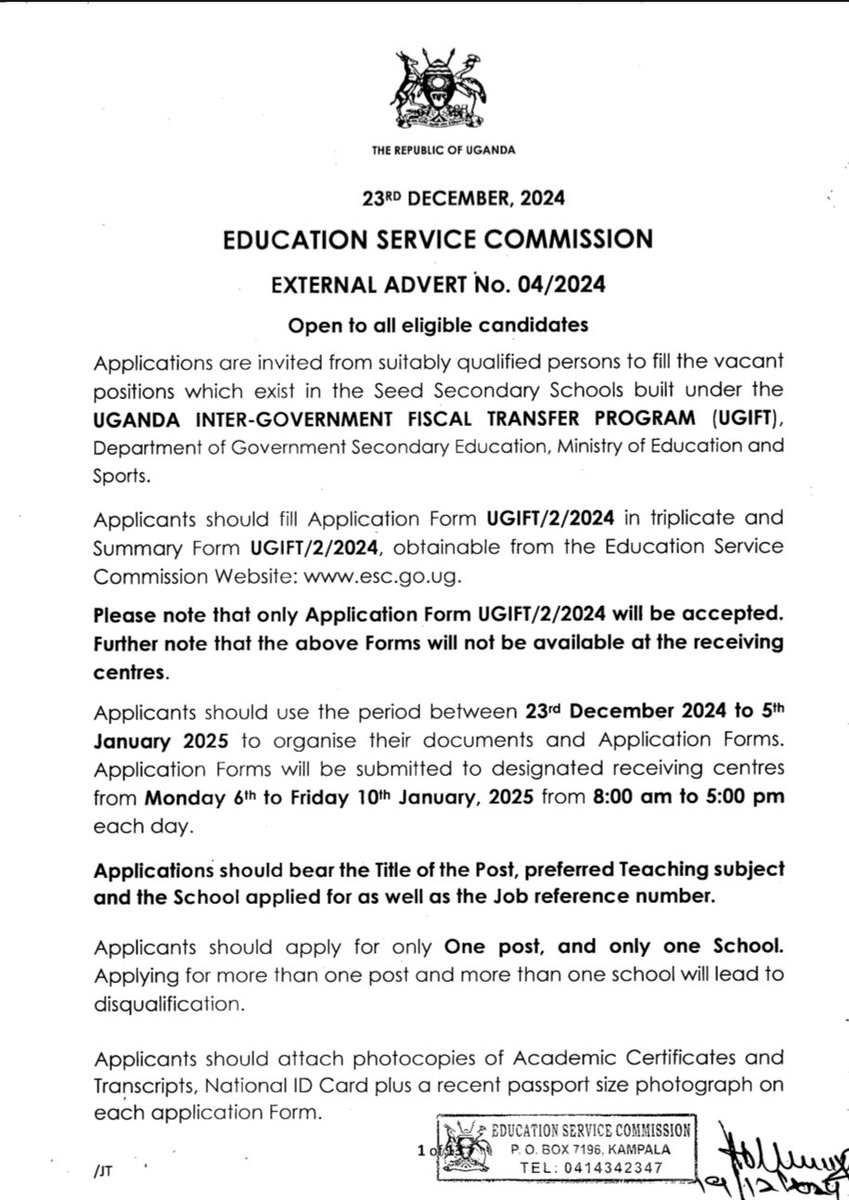 Dennis Mugimba (@dekamug) on Twitter photo Job Openings In The UG Teaching Service:
<a href="/Esc_uganda/">Education Service Commission, Uganda</a> has released an External Advert for more than 2,000 teaching and non-teaching vacancies in over 90 new Seed Secondary Schools built under the Uganda Inter-Gov’tal Fiscal Transfer Program (UgIFT).
Receiving applications runs Job Openings In The UG Teaching Service:
<a href="/Esc_uganda/">Education Service Commission, Uganda</a> has released an External Advert for more than 2,000 teaching and non-teaching vacancies in over 90 new Seed Secondary Schools built under the Uganda Inter-Gov’tal Fiscal Transfer Program (UgIFT).
Receiving applications runs