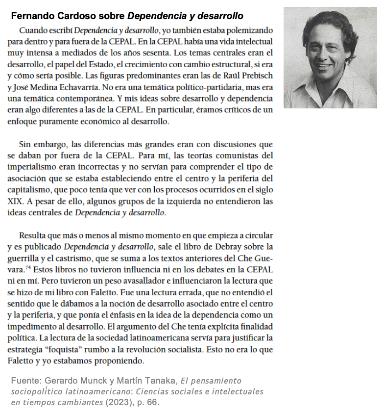 En esta entrevista, Cardoso comenta sobre el contexto intelectual en el que escribió 𝘋𝘦𝘱𝘦𝘯𝘥𝘦𝘯𝘤𝘪𝘢 𝘺 𝘥𝘦𝘴𝘢𝘳𝘳𝘰𝘭𝘭𝘰 y cómo fue leído su texto con Faletto.

Hoy, el contexto es muy distinto. Pero los temas – desarrollo, Estado, cambio estructural – siguen vigentes.