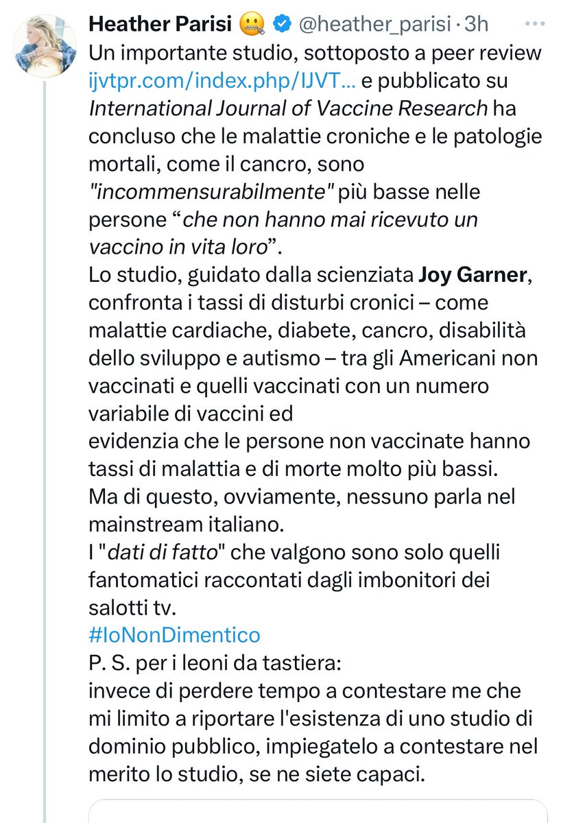 ScaltritiLab's tweet photo. Heather Parisi, che mi ha bloccato, non sa distinguere (tra le altre cose) un articolo scientificamente solido da un articolo pubblicato su carta straccia. Se io mando la mia lista della spesa a questa rivista la pubblicano domani. Cicale cicale. https://t.co/IpT7tgrDfY