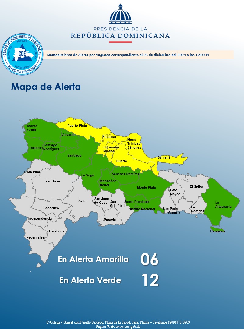 COE_RD's tweet photo. El COE mantiene 06 provincias en alerta amarilla y 11 y al Distrito Nacional en verde, debido a que en el informe del INDOMET, indica que el sistema frontal casi estacionario ubicado al noroeste sobre el océano Atlántico y el viento del noreste seguirán provocando  lluvias. https://t.co/LobY2JG9DV