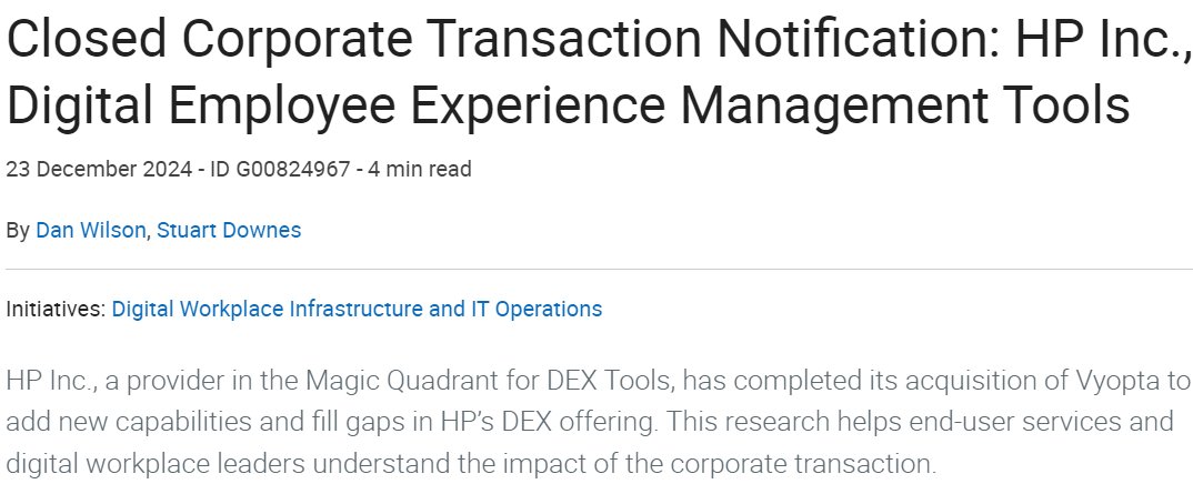 🚨New Research Alert🚨 <a href="/swdownes/">Stu Downes</a> and I just published our position on <a href="/HP/">HP</a>'s acquisition of <a href="/vyopta/">Vyopta</a>  to bolster the HP Workforce Experience Platform. <a href="/Gartner_inc/">Gartner</a> clients can access it at gartner.com/document-reade…

#DigitalWorkplace #DEX #DEXTools #UCC