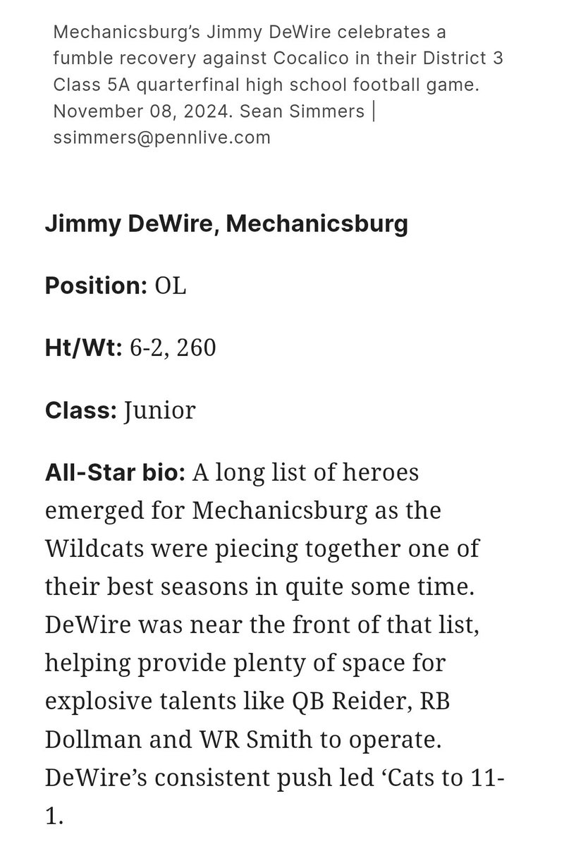 I am blessed to be a first team OL on Penn Lives all-star football team!