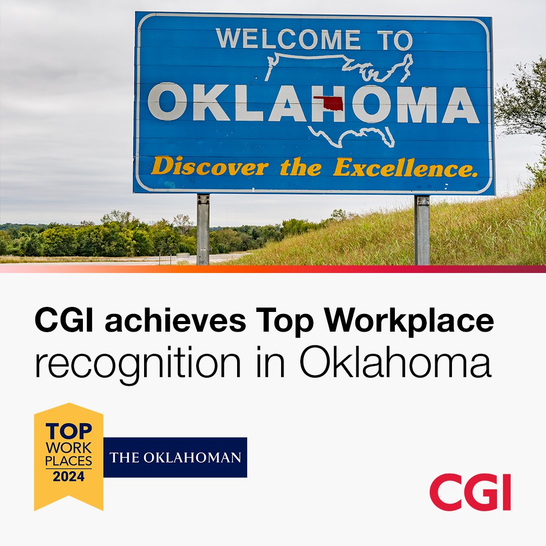 Oklahoma - where community values and big ideas converge. 💻 CGI is recognized as a 2024 #TopWorkplaces in the Sooner State. Ready to join a team as inspiring as an Oklahoma sunrise? 🌅 

Step into your future with CGI: 👉 bit.ly/3HNi1vx 👈 

#LifeAtCGI