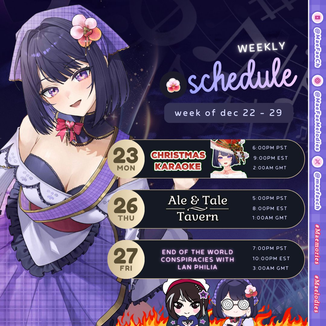 MaeFae's tweet photo. Here's my schedule for the week! 💜 Christmas Karaoke has been moved to TONIGHT at 6PM PST | 9PM EST | 2AM GMT! 🎅🎄❄️ #MaeDay
「 Tags 」
🌸 GENERAL: #MaeFae
🌸 CLIPS / MEMES: #Maemories
🌸 MUSIC: #Maelodies
🌸 ART: #Maesterpieces https://t.co/mfwhUyojE6