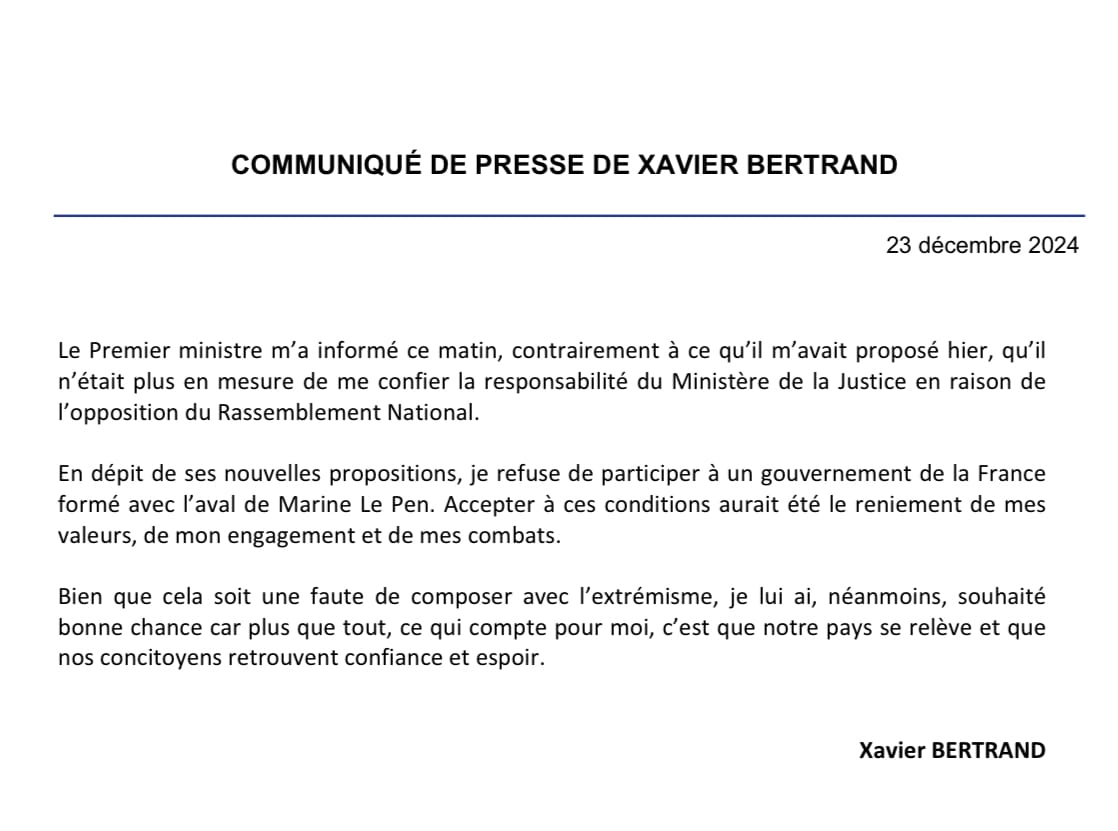 Victoria Koussa (@victoriakoussa) on Twitter photo Dans un communiqué Xavier Bertrand dénonce le revirement de François Bayrou, "plus en mesure de me confier la responsabilité du ministère de la Justice en raison de l'opposition du RN". Il ne fera pas partie du gouvernement <a href="/franceinfo/">franceinfo</a> Dans un communiqué Xavier Bertrand dénonce le revirement de François Bayrou, "plus en mesure de me confier la responsabilité du ministère de la Justice en raison de l'opposition du RN". Il ne fera pas partie du gouvernement <a href="/franceinfo/">franceinfo</a>