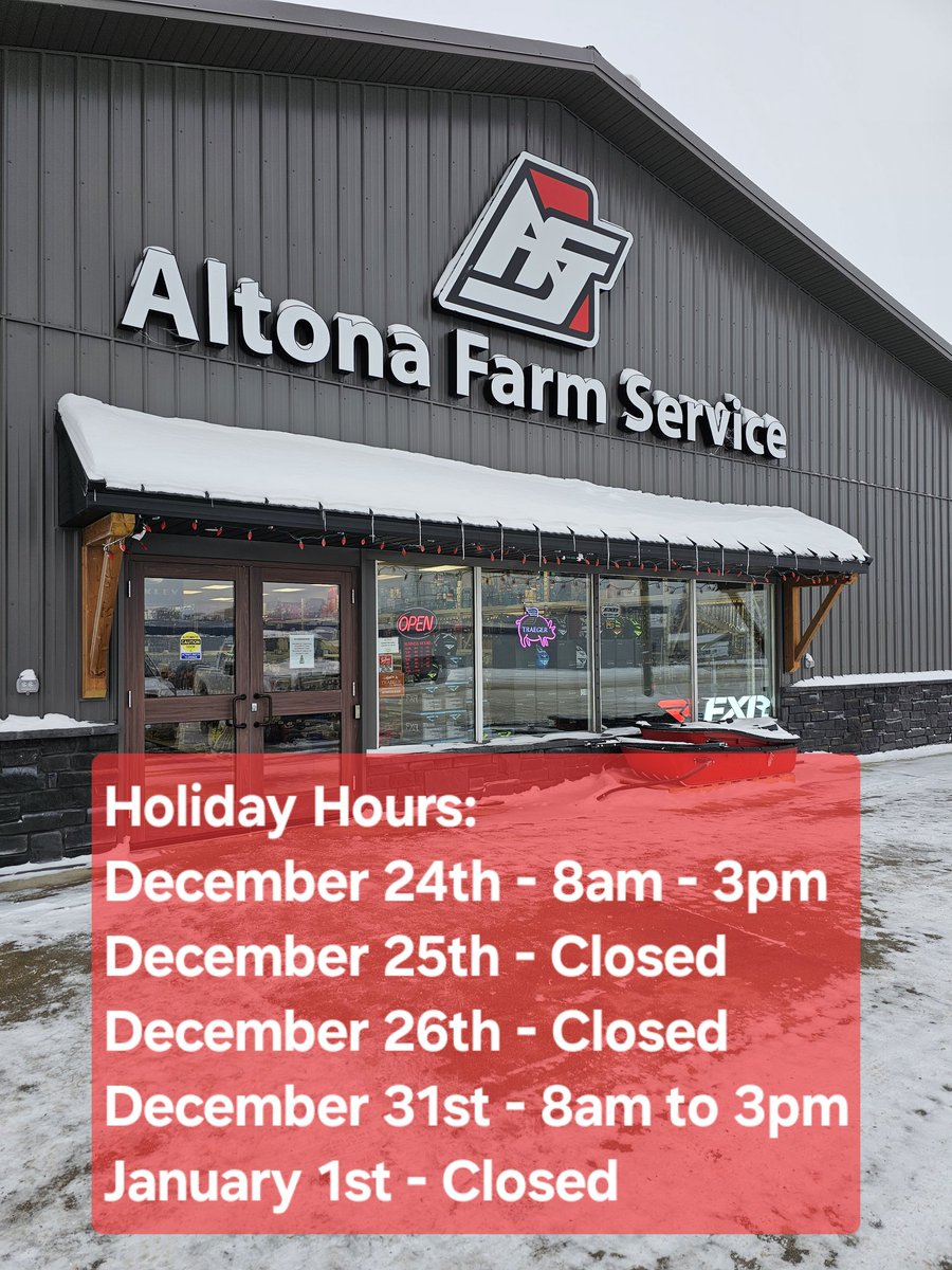 🎄 Christmas is Just Around the Corner! 🎄

As we gear up for the holiday celebrations, here are our Holiday Hours at Altona Farm Service Ltd. so you can plan your visits:

Wishing you and your loved ones a safe and joyful holiday season! 🎅✨

 #Christmas #AltonaFarmService #afs