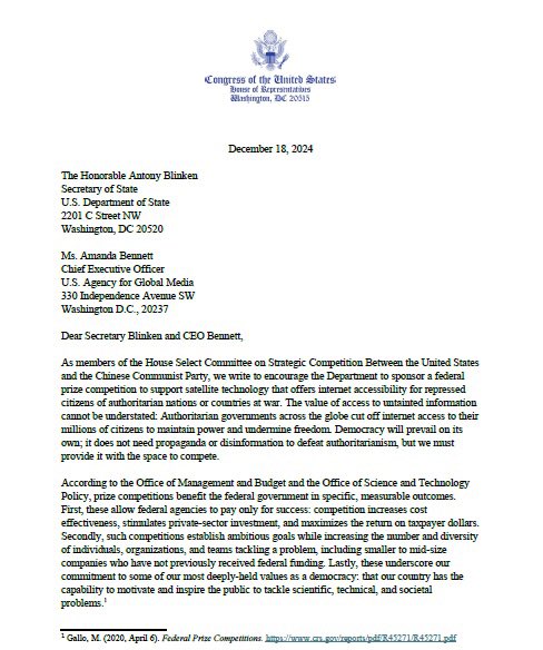 Agape69147690's tweet photo. The US House Select Committee on the CCP calls for a federal prize competition i/s/o satellite tech. that offers internet accessibility for repressed citizens of authoritarian nations like China. Will tearing down the Great Firewall become the fuse to disintegrate the CCP regime? https://t.co/bO0IRlKFRG