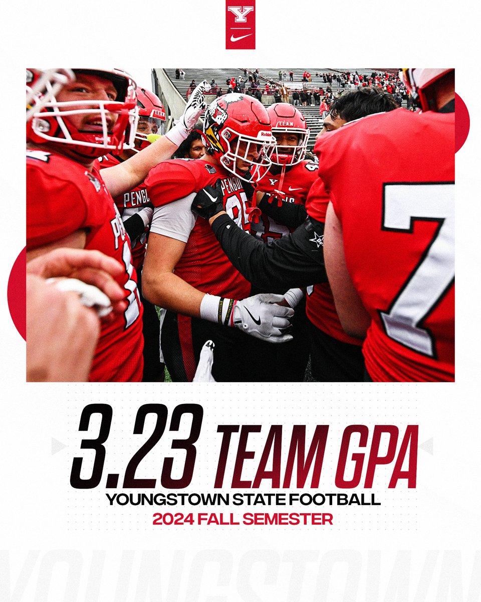 Youngstown State Football (@ysufootball) on Twitter photo Excellent work in the classroom this fall! ๐ง๐๐
4๏ธโฃ0๏ธโฃ with 3.40 GPAs or โฌ
1๏ธโฃ6๏ธโฃ with 4.00 GPAs
Cumulative Team GPA of 3๏ธโฃ.3๏ธโฃ2๏ธโฃ
#GoGuins Excellent work in the classroom this fall! ๐ง๐๐
4๏ธโฃ0๏ธโฃ with 3.40 GPAs or โฌ
1๏ธโฃ6๏ธโฃ with 4.00 GPAs
Cumulative Team GPA of 3๏ธโฃ.3๏ธโฃ2๏ธโฃ
#GoGuins