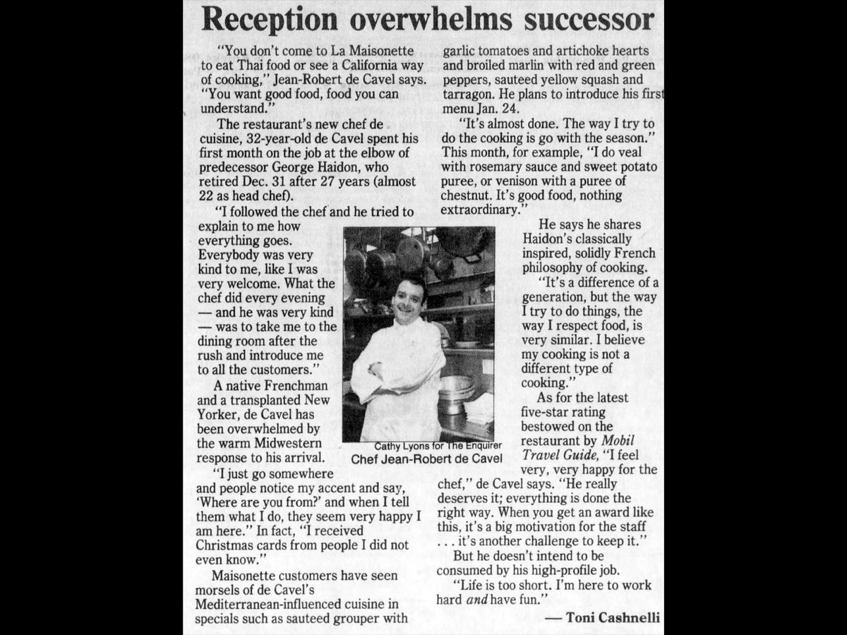12/23/2022: French-American chef and restauranteur Jean-Robert de Cavel dies. In 1993 he became head chef for the Maisonette, Cincinnati's only restaurant with a Mobil five-star rating. He is credited with shaping the city's dining renaissance. #cincinnatihistory