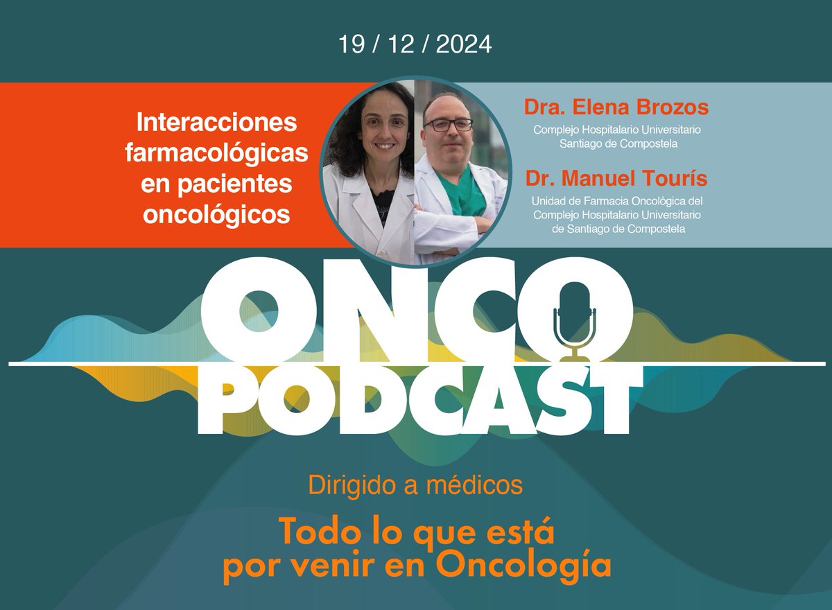 SEOM (@_seom) on Twitter photo 🔊 Disponible un nuevo oncopodcast sobre interacciones farmacológicas en pacientes oncológicos.
🩺 La periodista <a href="/MamenMendi/">Mamen Mendizabal</a> entrevista la Dra. <a href="/ElenaBrozos/">Elena Brozos Vázquez</a> y al Dr. <a href="/manueltouris12/">Manuel Tourís</a>, oncóloga médico y farmacéutico del Complejo Hospitalario Universitario de Santiago. 🔊 Disponible un nuevo oncopodcast sobre interacciones farmacológicas en pacientes oncológicos.
🩺 La periodista <a href="/MamenMendi/">Mamen Mendizabal</a> entrevista la Dra. <a href="/ElenaBrozos/">Elena Brozos Vázquez</a> y al Dr. <a href="/manueltouris12/">Manuel Tourís</a>, oncóloga médico y farmacéutico del Complejo Hospitalario Universitario de Santiago.