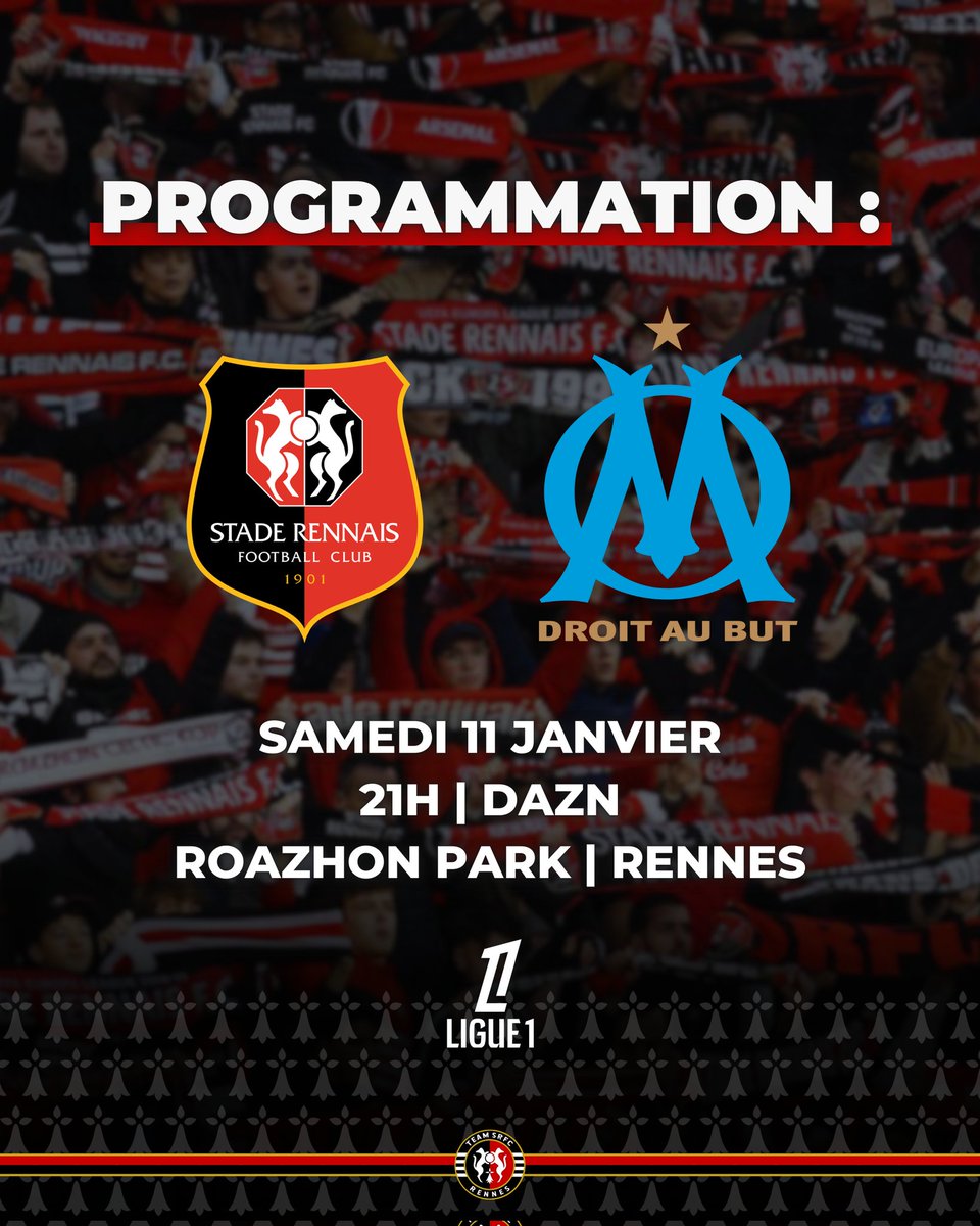 team_srfc's tweet photo. #ProgrammationTV
🗓 Les programmations des 17ème, 18ème et 19ème journées de @Ligue1 sont connues !
🏡 Les #RougeEtNoir recevront Marseille le samedi 11 janvier à 21h au #RoazhonPark et le Stade Brestois le samedi 18 janvier à 19h. Les 2 matchs seront diffusés sur DAZN.
1/2 https://t.co/TJkwrLCHIM