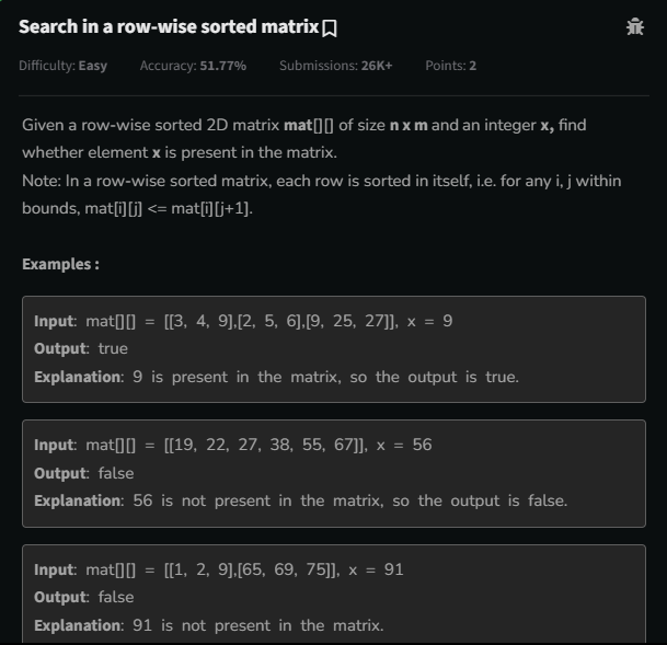 j_vidyashr10514's tweet photo. Day 36 of #gfg160 Challenge!
Solved #SearchInSortedMatrix using Binary Search on each row. Checked each row independently and efficiently located the target using Arrays.binarySearch.
#geekstreak2024 #womenintech #Paytm #Amazon #Microsoft #MakeMyTrip #Oracle 
@geeksforgeeks 🚀 https://t.co/F6UuEK716o