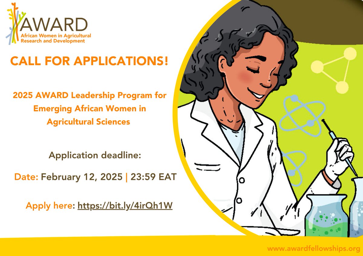 🚨 Call for Applications! 🚨
Application for the 2025 AWARD Leadership Program for Emerging African Women in Agricultural Sciences is open until February 12, 2025!
This is an exciting opportunity to participate in leading leadership programs   🌍
Apply 👇
bit.ly/3DeQ1mP