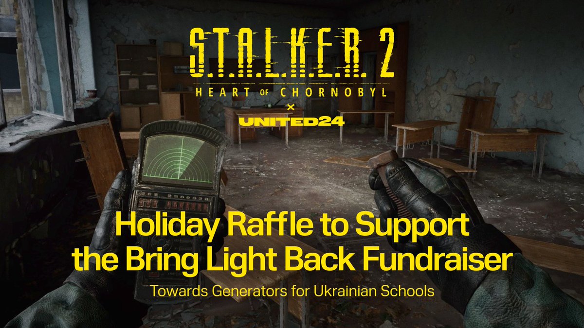 stalker_thegame's tweet photo. S.T.A.L.K.E.R. 2 x UNITED24: Holiday raffle to support Ukrainian schools.

Stalkers! S.T.A.L.K.E.R. 2 joins the Bring Light Back campaign on the UNITED24 platform to raise funds for generators that will restore power to Ukrainian schools. All the participating stalkers have the chance to not only bring back the electricity for schools, but also win unique prizes. 

You have a chance to get:

• Unique branded dosimeters
• S.T.A.L.K.E.R. 2: Heart of Chornobyl Ultimate Edition bundles with artifacts and souvenirs
• S.T.A.L.K.E.R. 2: Heart of Chornobyl gamekeys
• Limited-edition S.T.A.L.K.E.R. 2 x UNITED24 T-shirts

For more details, visit the link:
https://t.co/mVSYX3DZu5

Thanks to all the stalkers uniting for this mission. The Zone can be harsh, but she will never abandon those who are in trouble and need help the most.

@U24_gov_ua