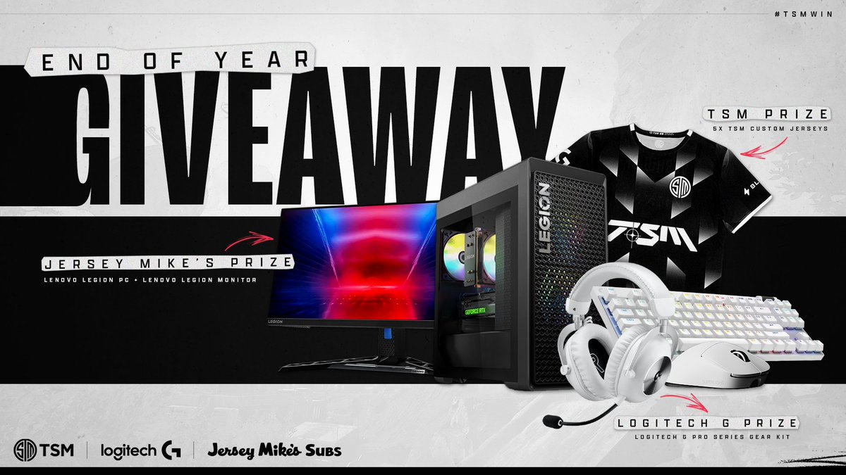 ❄️ TSM x @JERSEYMIKES x @LOGITECHGESPORT END OF YEAR GIVEAWAY ❄️

We teamed up with our partners to give YOU the best giveaway this holiday season, featuring a brand-new gaming setup!

🗳️ Enter now and find out more → gleam.io/SKVKU/tsm-end-…