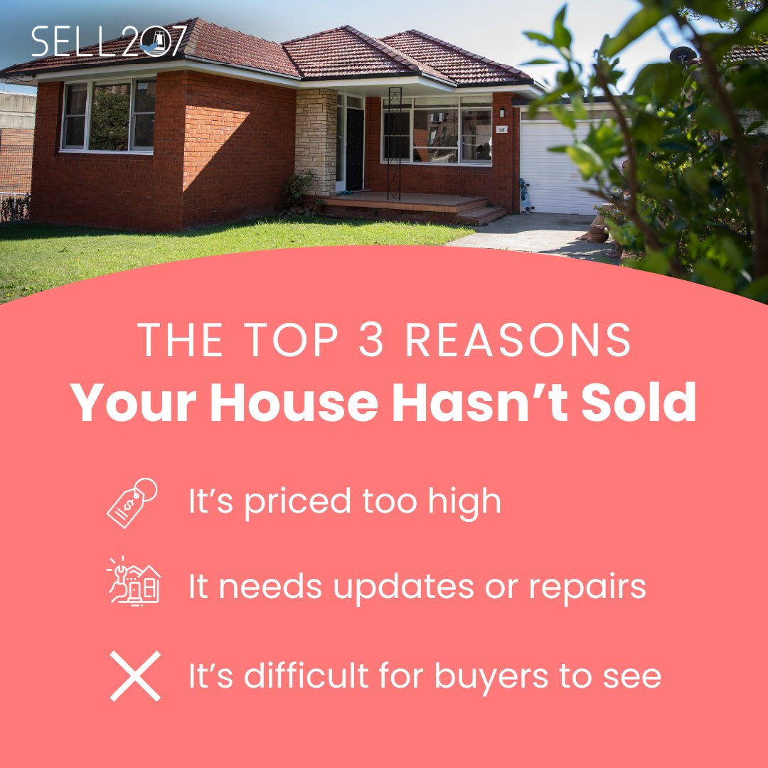 sell207's tweet photo. Frustrated because selling your house isn’t going as smoothly as you planned?  Here’s why it may be sitting on the market without any bites. It’s overpriced, it needs repairs, or you’ve limited your showing times. The good news is, these are all things that can be fixed. https://t.co/j1vwcc5EAr