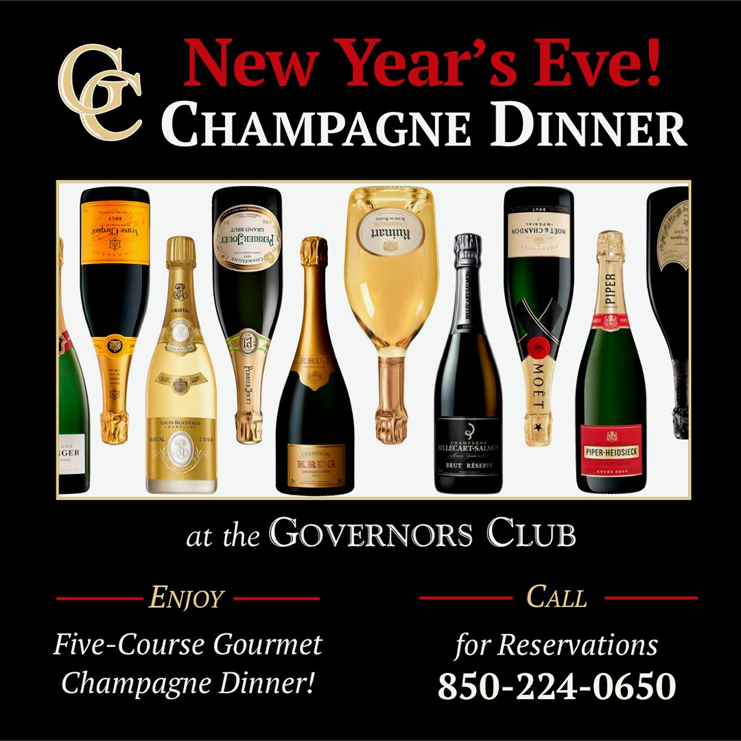 GovClubTally's tweet photo. 🍾 Enjoy a sensory journey where fine dining and the sophistication of world-class champagnes come together for a truly extravagant 5-Course New Year's Eve dinner. 🌟Call 850-224-0650 to reserve! https://t.co/6VM77O2n3t