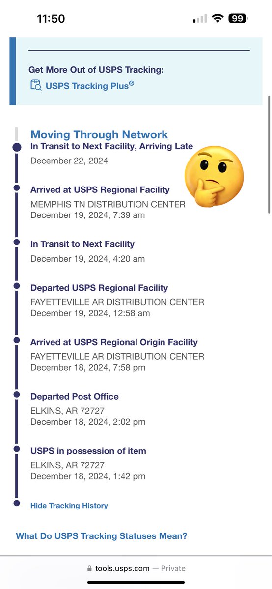BraskaJennea's tweet photo. Heyyyy @USPS @USPSHelp what’s going on? Friend sent gift from NW Arkansas on the 18th, and it hasn’t moved from Memphis since the 19th?!?!?!  It only takes 1/2 a day for a package to make it to my area-since it’s just a 6hr drive- from the Memphis hub. FOUR DAYS &amp; NO movement?! https://t.co/FVAntIWtaq