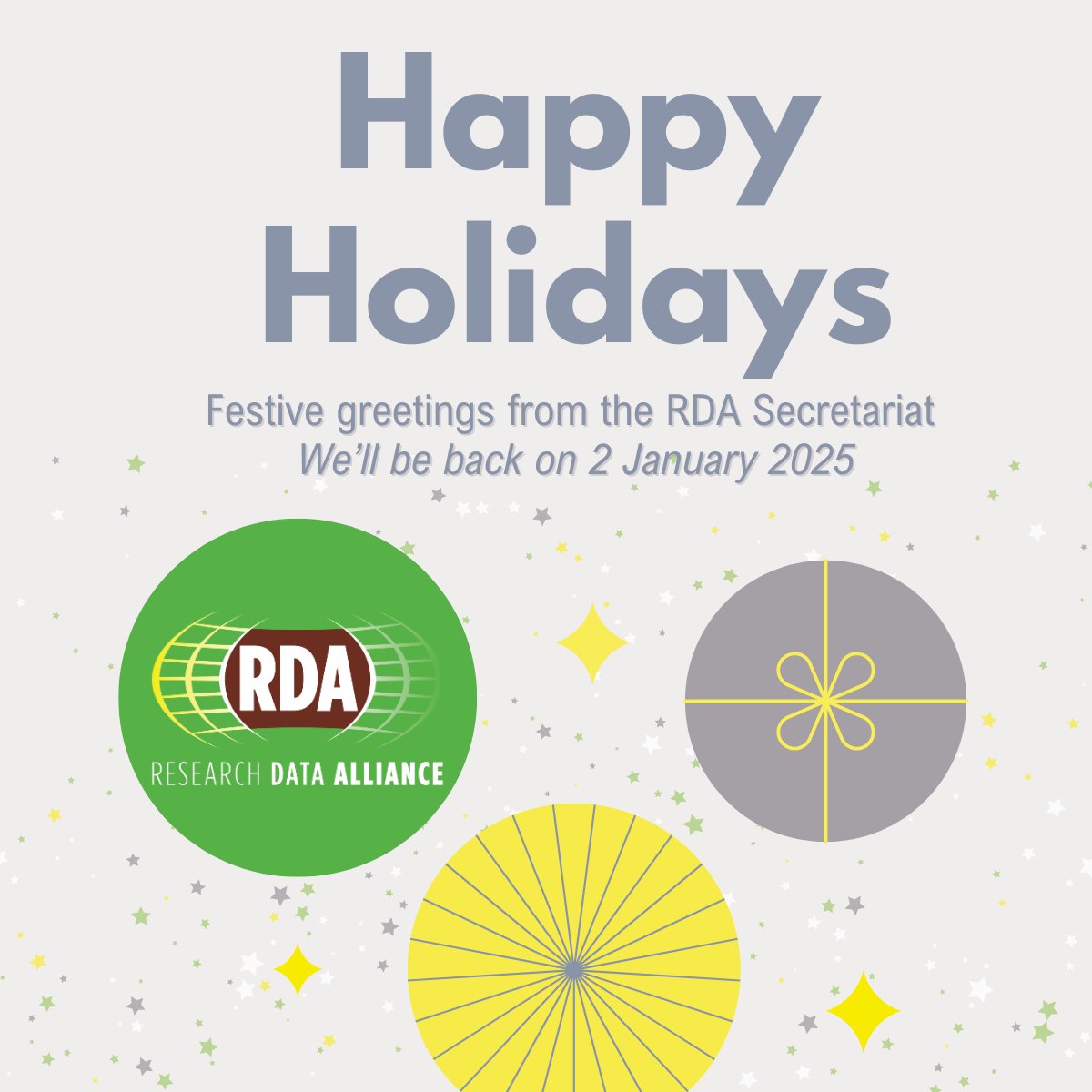 Research Data Alliance (RDA) (@resdatall) on Twitter photo 🎇Festive Greetings from the RDA!
Thank you to our incredible community for working with us to advance open, shareable, & reusable data worldwide.
We will be out of office from 23/12 until 2/1.
🌟 Read our end of year message from <a href="/hilaryhanahoe/">Hilary Hanahoe</a>: ow.ly/7m8P50Uv6QE 🎇Festive Greetings from the RDA!
Thank you to our incredible community for working with us to advance open, shareable, & reusable data worldwide.
We will be out of office from 23/12 until 2/1.
🌟 Read our end of year message from <a href="/hilaryhanahoe/">Hilary Hanahoe</a>: ow.ly/7m8P50Uv6QE