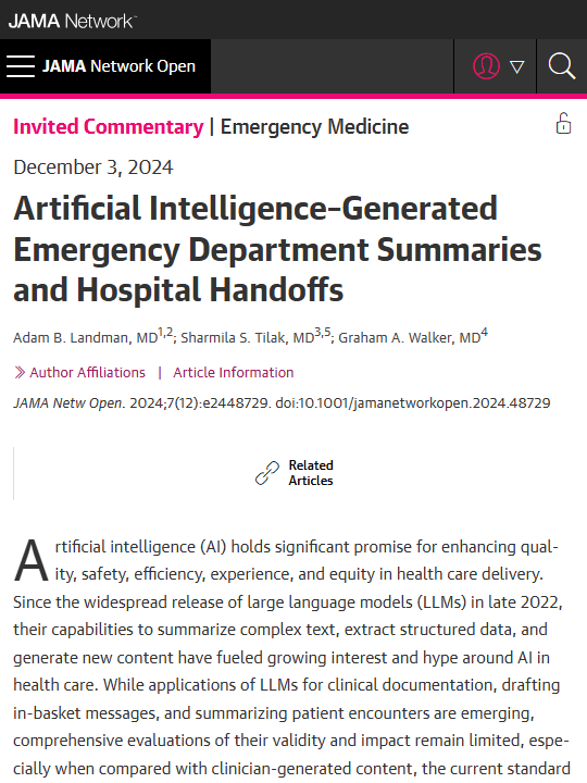 JAMAplusAI's tweet photo. From @JAMANetworkOpen:

#AI-generated emergency department handoff notes, while promising for enhancing efficiency in patient transitions, still need further validation and integration with clinician oversight to ensure quality and patient safety.

https://t.co/3BAUVGFV1v https://t.co/tKdZf1ZbYs