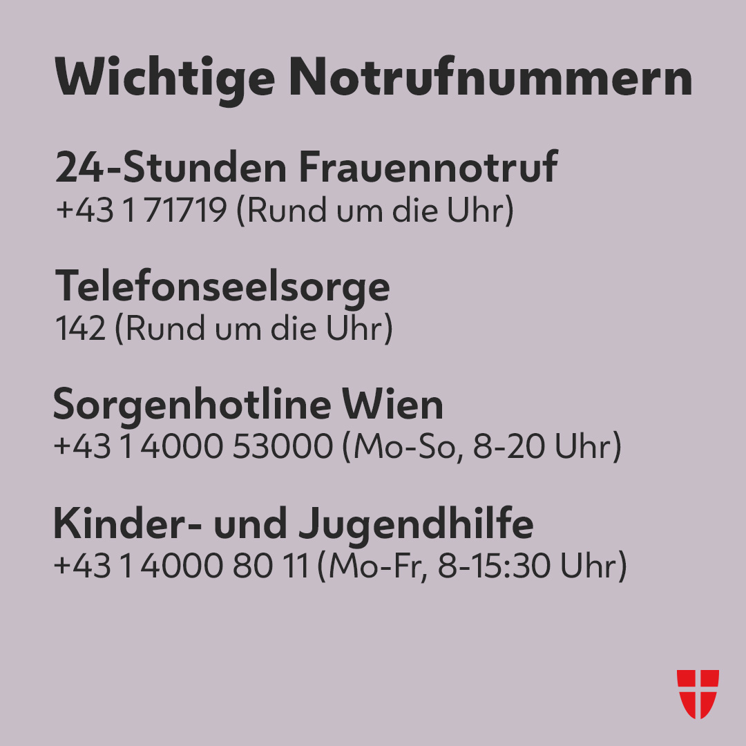 Die Feiertage sind für viele keine einfache Zeit. Sich Hilfe zu holen, ist keine Schwäche – ganz im Gegenteil. 👫

☎️ Wenn ihr Unterstützung braucht, könnt ihr euch an eine dieser Telefonnummern wenden: wien.gv.at/kontakte/servi…