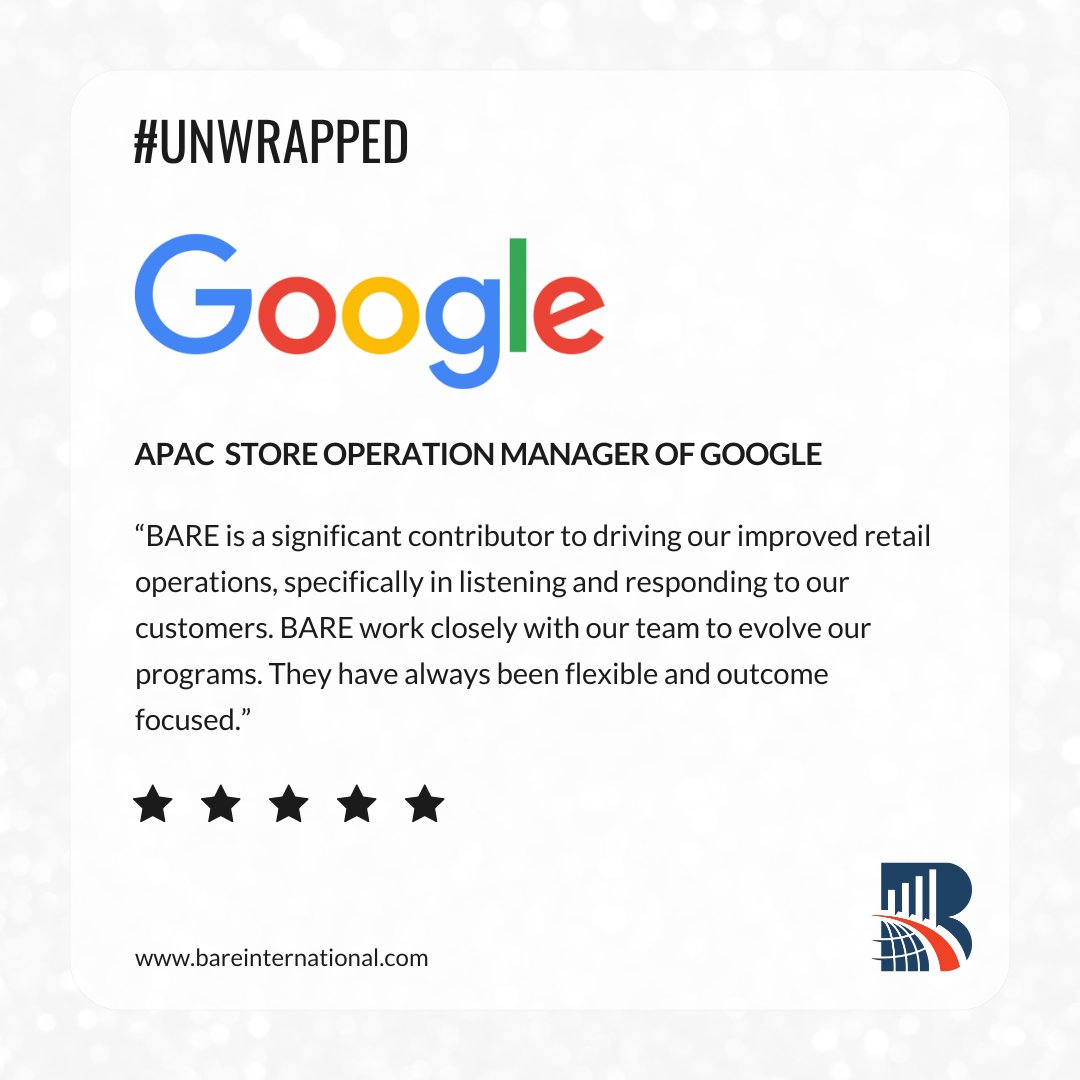 BARE_Intl's tweet image. Google APAC transformed their customer programs by implementing actionable insights derived from our evaluations.
✨ Try our services and let us evolve your business in 2025.
#Unwrapped #12Days #ClientPartnership #CX #B2BSuccess #GoBARE