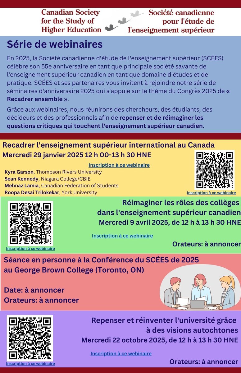 Sauvegardez ces dates et inscrivez-vous à l'avance pour rejoindre notre Série Webinaire de SCÉES. Ce webinaire vise à repenser et à réimaginer les questions critiques qui touchent l'enseignement supérieur canadien. Notre premier webinaire aura lieu le 29 janvier! #SCÈES