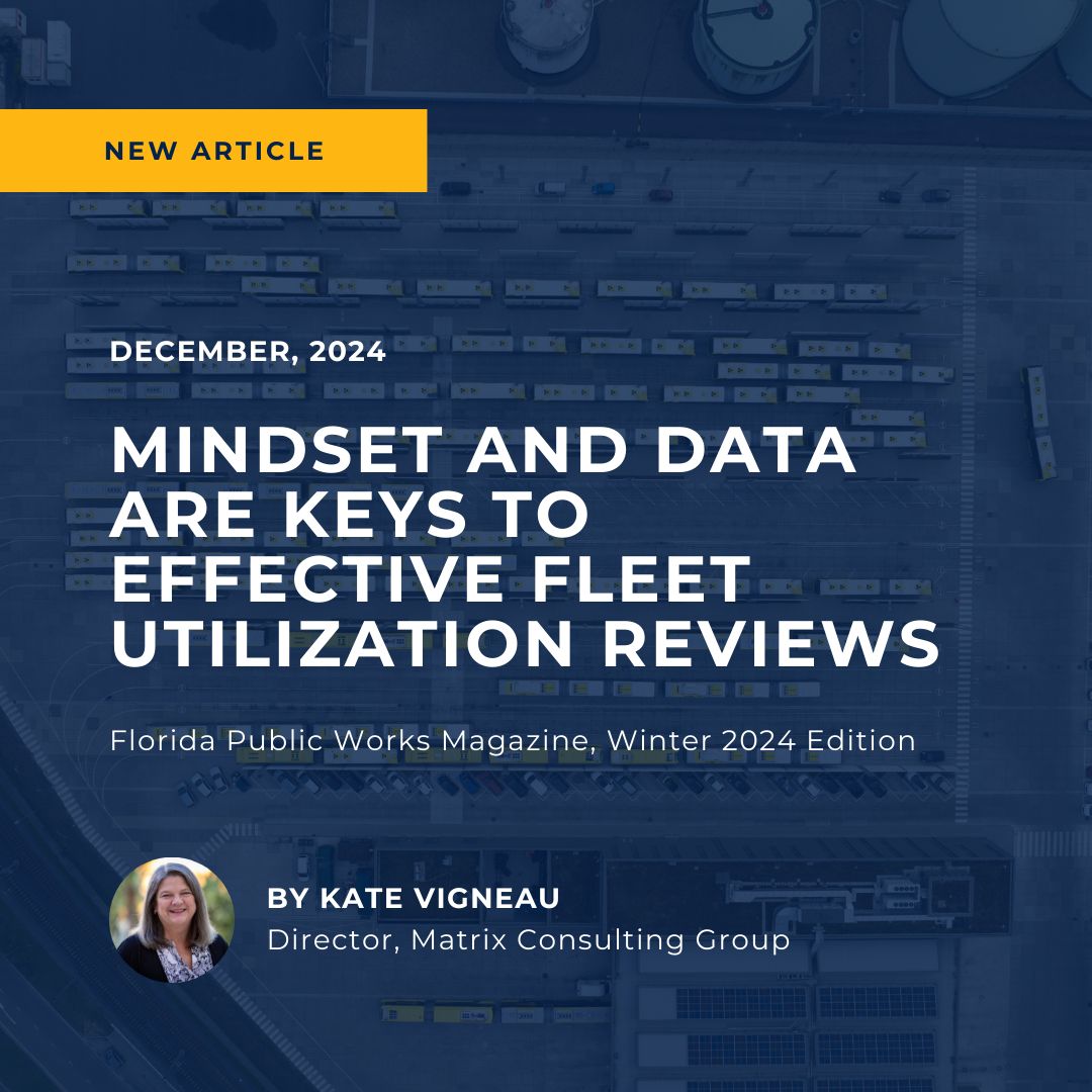 MatrixCG's tweet photo. Our Fleet Director, Katherine Vigneau, recently wrote an article for the APWA Florida Chapter's Public Works Magazine discussing the importance of fleet utilization reviews: https://t.co/fjCSIWI9nN 

Learn more about our firm at https://t.co/O0MuueyNyl

#MatrixConsultingGroup https://t.co/Hq2C3a8fVO