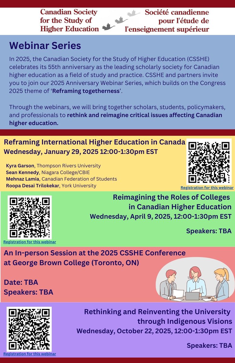 Save these dates and register ahead to join our CSSHE Webinar Series throughout next year. This Webinar Series aims to rethink and reimagine critical issues affecting Canadian higher education. Our first webinar will be on January 29th! #CSSHE #Canadianhighereducation