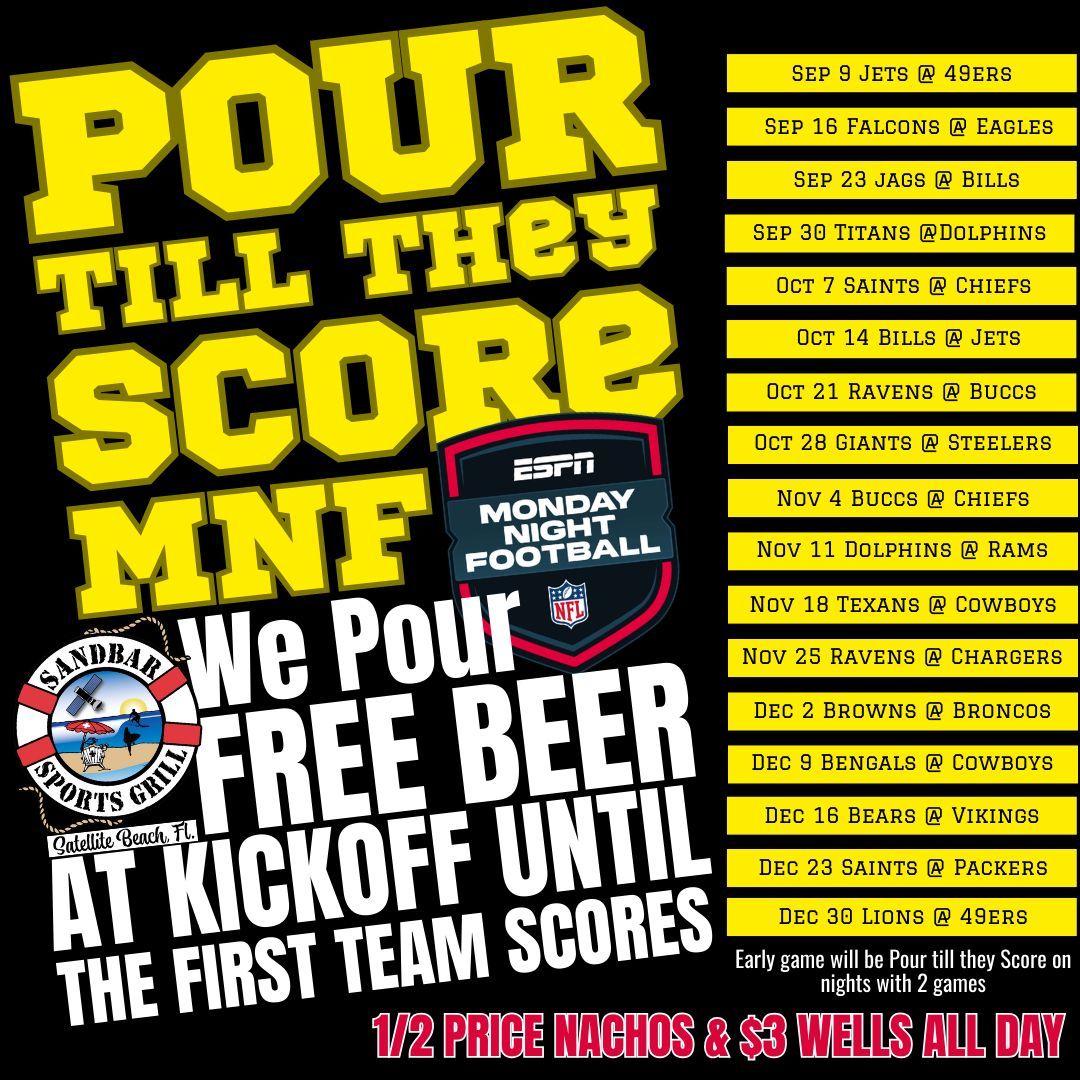 sandbarsatbeach's tweet photo. We start pouring FREE BEER at MNF kickoff and don't stop til the first team scores! https://t.co/KWBI7WSAPk