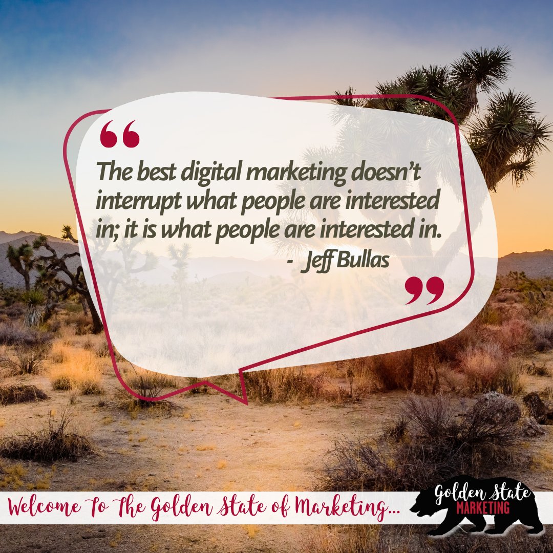 The best digital marketing doesn't interrupt what people love; it becomes something they genuinely want. Let's be the content people seek out.

#GoldenStateMarketing #MarketingMonday #contentmarketing #socialmediamarketing #marketing #marketingdigital #marketingstrategy
