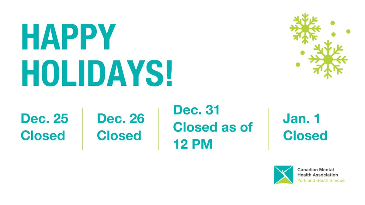 Please note that all CMHA-YRSS offices will be closed on: December 25, December 26, December 31 as of 12 p.m. and January 1. ⁠

If you are in crisis, please call 905-310-COPE (2673) or 911. We hope you and your family have a safe, healthy and happy holiday season!