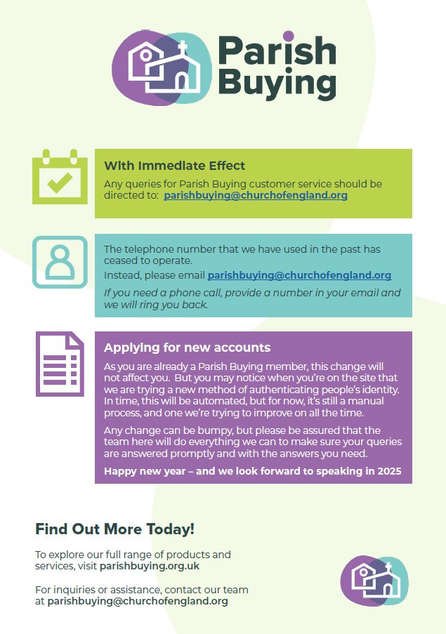We’ve been working hard at Parish Buying to improve our services and better support your ministry. 

With immediate effect, there will be some key changes to how we handle customer service, including updates to our email and phone systems.