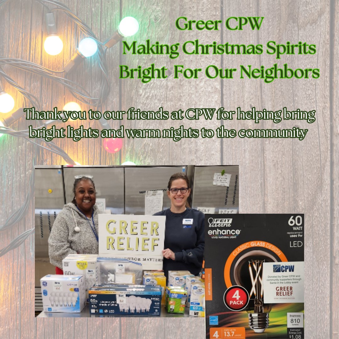 GreerRelief's tweet photo. Thank you to our friends and partners at Greer CPW, and everyone in the community who donated, for the lightbulbs collected when Santa visited their lobby.
Your support will help us continue to bring Bright Lights and Warm Nights to our neighbors.
#GreerRelief #GreerCPW https://t.co/MLsfumfCbV