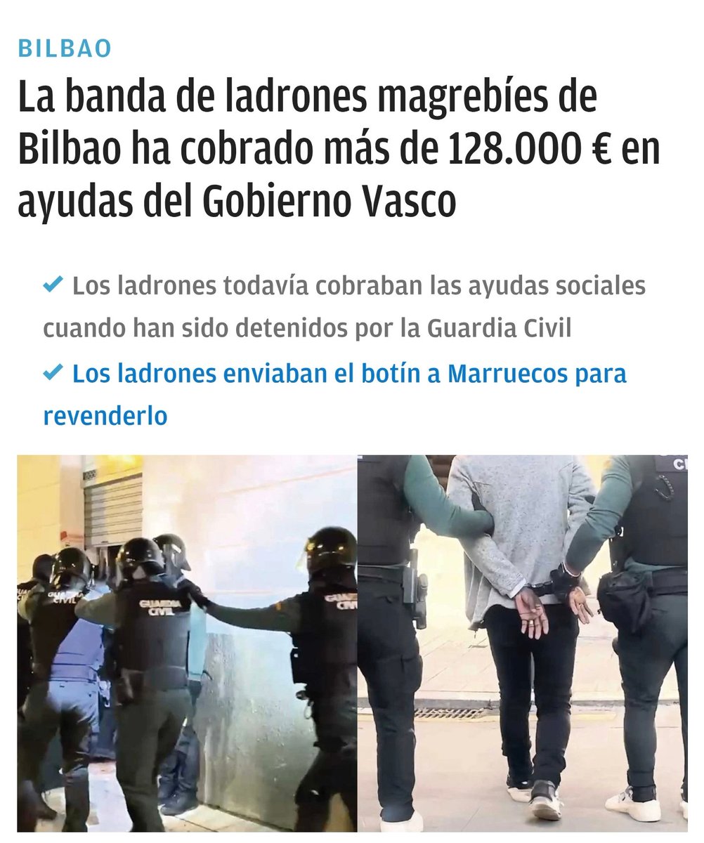 PoliciaSXXI's tweet photo. Una banda de ladrones magrebíes en Bilbao no solo robaba, sino que también cobraba más de 128.000 € en ayudas. El verdadero crimen no está solo en las calles, hay todo un sistema podrido que premia a quienes lo saquean y financia su propia ruina.
https://t.co/hGbIVcTMfp https://t.co/wDtVld0OCR