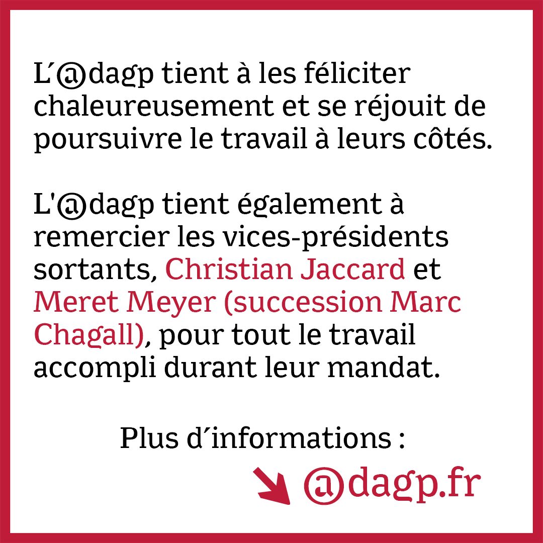[ACTUALITÉ ADAGP] Réélu le 17 décembre 2024 par le conseil d’administration, Hervé Di Rosa reste président de l’ADAGP. Le nouveau conseil d’administration a également élu Rebecca Digne et Stéphanie Busuttil-Janssen (succession César) aux postes de vices-présidentes.
🔗 Plus