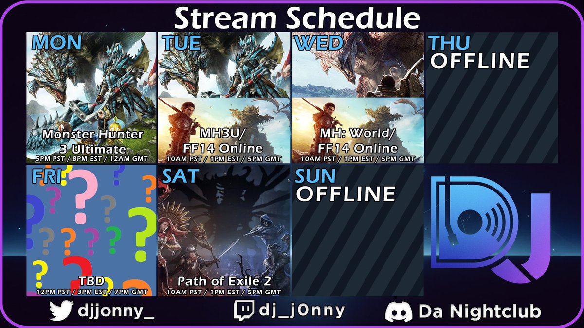 WEEKLY SCHEDULE!
Got ourselves a jampacked week! We'll be continuing our MH3U playthrough as well as some FF14 Online, PoE2 and open lobby session in World on Christmas. Friday is also TBD so will keep y'all updated! Catch y'all later!
