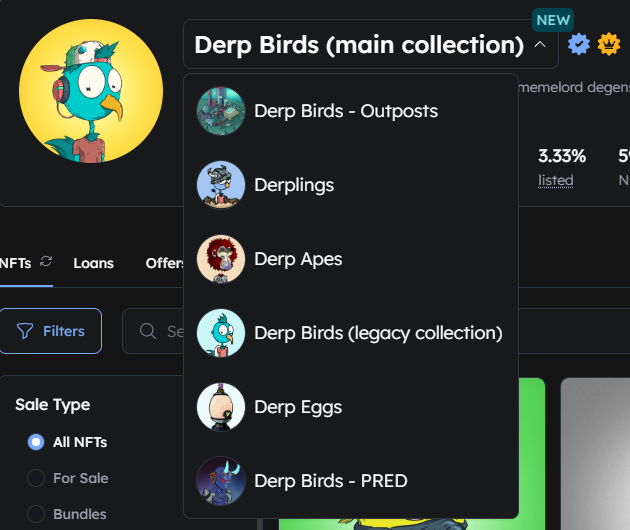 We have a new feature just in time for the holidays 🎁

Certain projects with more than 1 collection now have a drop down to easily navigate between them 🗒️

Only a few projects have this at the moment, such as <a href="/TheDerpBirds/">Derp Birds</a> , but we'll be adding a bunch more soon!