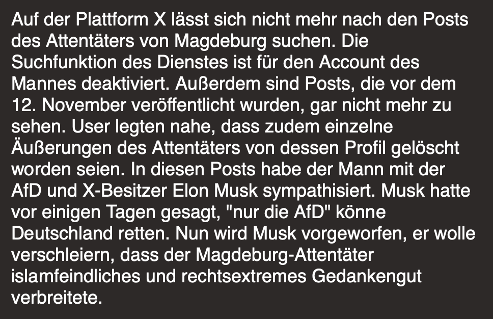 twidderix's tweet photo. Musk deaktiviert Suchfunktion auf Profil von Magdeburg-Attentäter

Quelle: NTV

Will da jemand etwas verschleiern? https://t.co/1riTHbPBDE