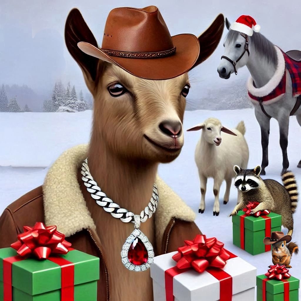 RubyGoatCTO's tweet photo. Good morning! 🌅 Wake up to the joyful sounds of the Freedom Farm animals! All the presents are set, and we're all ready for Christmas. May your day be filled with lots of love, laughter, and holiday cheer! 🐐🗽

$RUBY $PNUT $JFP $FRED #CHEYENNE $JEWELS https://t.co/mrdR3n2nzd
