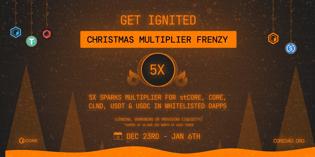 1/ Get Ignited with a Christmas Multiplier Frenzy🔥

CORE, stCORE, CLND, USDT, USDC - they're all coming to the party! For 2 weeks, you can multiply by 5x your Sparks for EACH of them.

Let's see how👇🧵