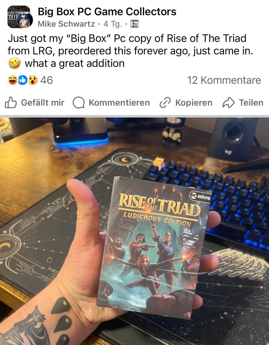 JoachimHesse's tweet image. Die Neuauflage des PC-Shooters #RiseOfTheTriad - gesehen in einer Facebook-Gruppe. Das Spiel passt von der Größe her mehrfach in eine Standard-#BigBox von damals. Ist immer wieder enttäuschend zu sehen, wie wenig Mühe sich #LRG bei den Details ihrer „Sammler“-Editionen gibt.
